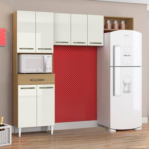 imagem-Cozinha Compacta Aramóveis Isadora com 7 Portas, 1 Gaveta e 2 Prateleiras - 201cm de largura - Atacama/Off White