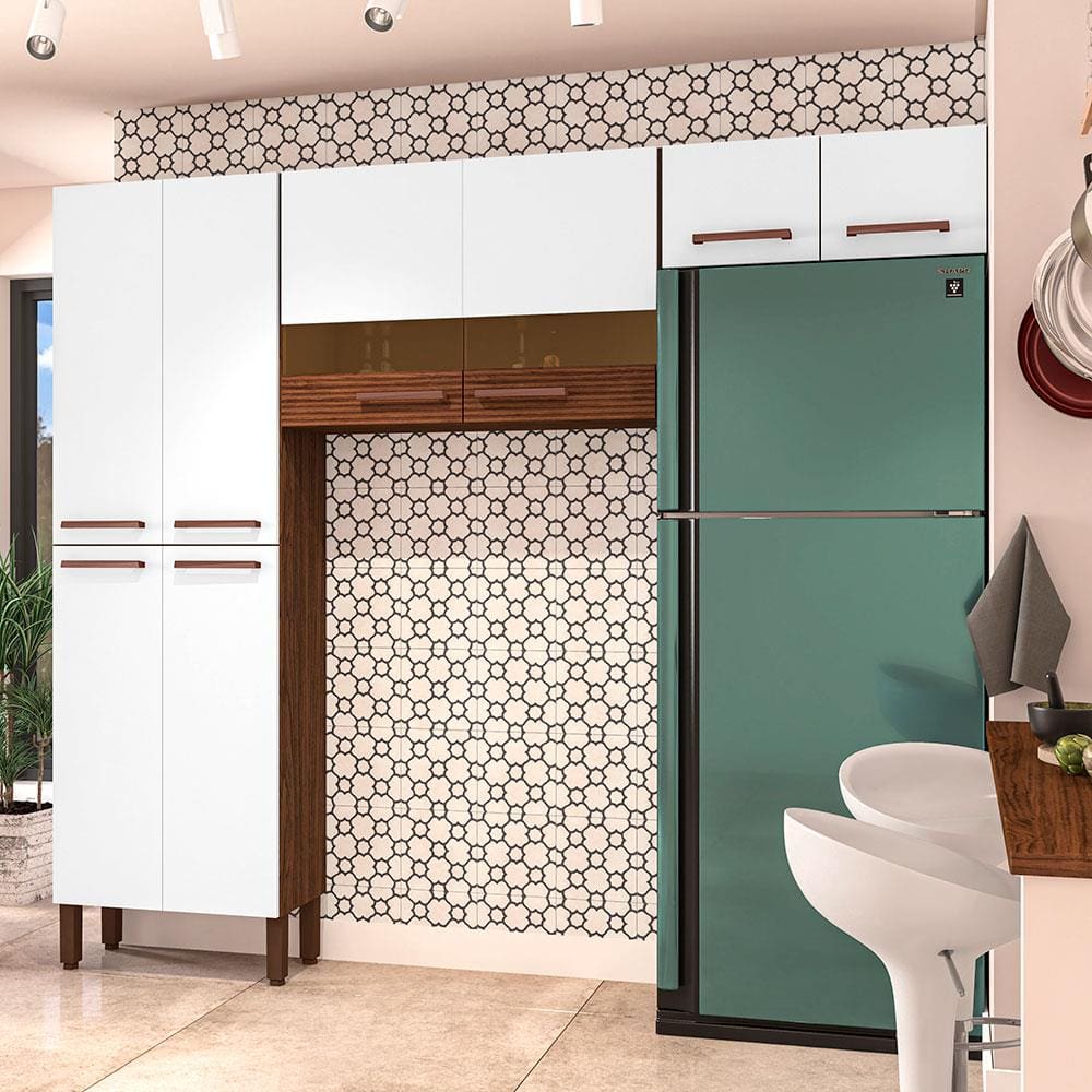 Cozinha Compacta Kit's Paraná Nala com 8 Portas e 4 Prateleiras - 222cm de largura - Nogueira/Off White/Ripado