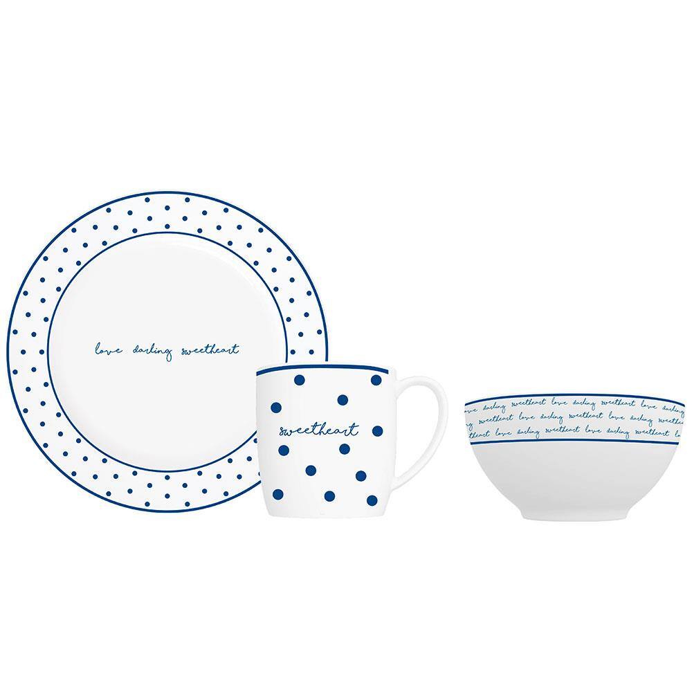 Conjunto Café da Manhã Germer Love Letter Branco/Azul Marinho – 3 Peças