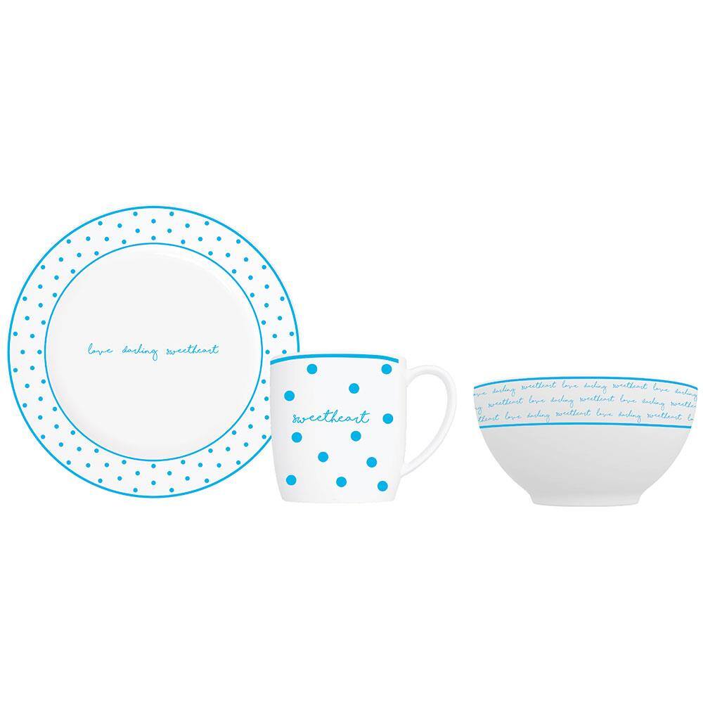 Conjunto Café da Manhã Germer Love Letter Branco/Azul – 3 Peças