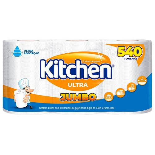 Toalha de Papel Kitchen Folha Dupla Ultra Jumbo - 3 Rolos com 180 toalhas cada é boa?