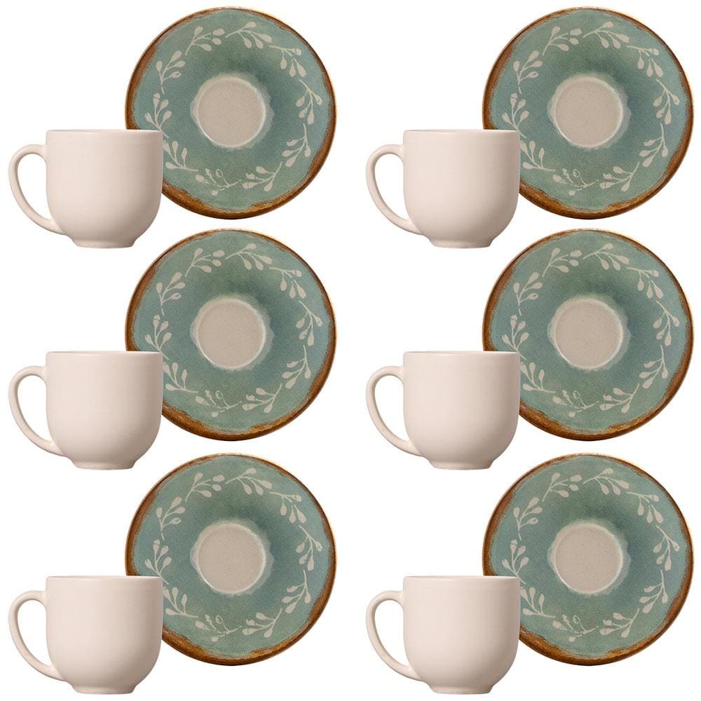 Conjunto com 6 Xícaras e Pires para Café Porto Brasil Coup Mediterrâneo em Cerâmica Feldspática Off-White - 112ml