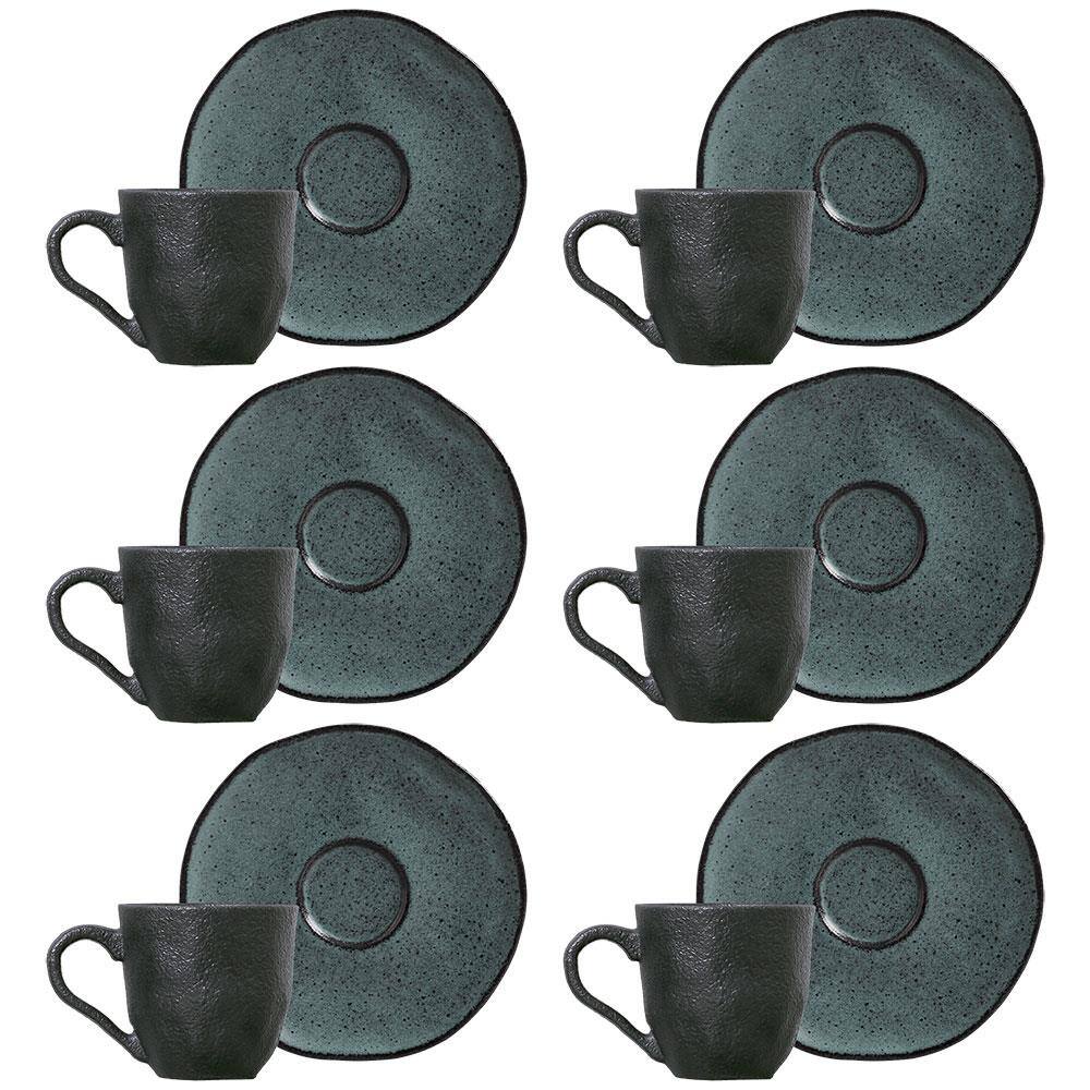 Conjunto com 6 XÃcaras e Pires para Café Porto Brasil Petroleum em Stoneware Preto - 120 ml