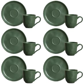 Conjunto com 6 Xícaras e Pires para Café Porto Brasil Bio Leaf em Stoneware Verde - 120 ml