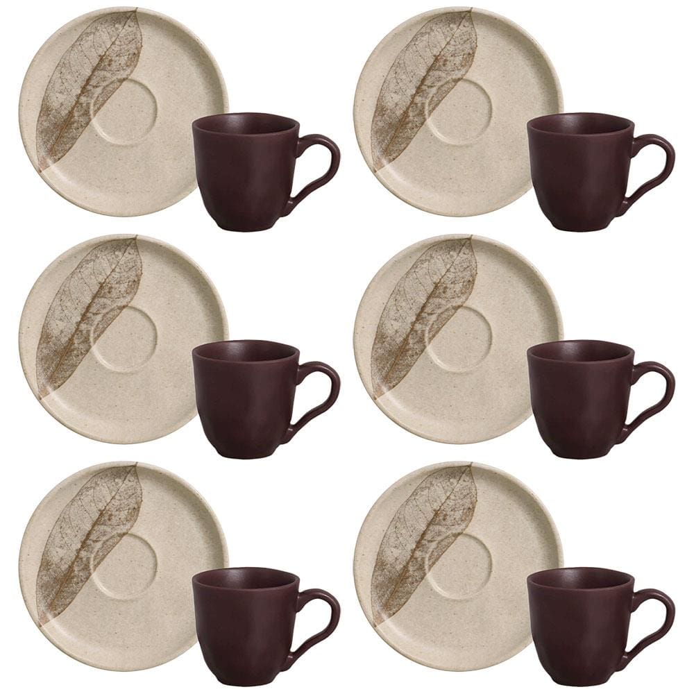 Conjunto com 6 Xícaras e Pires para Café Porto Brasil Bio Outono em Stoneware Cinza - 120 ml