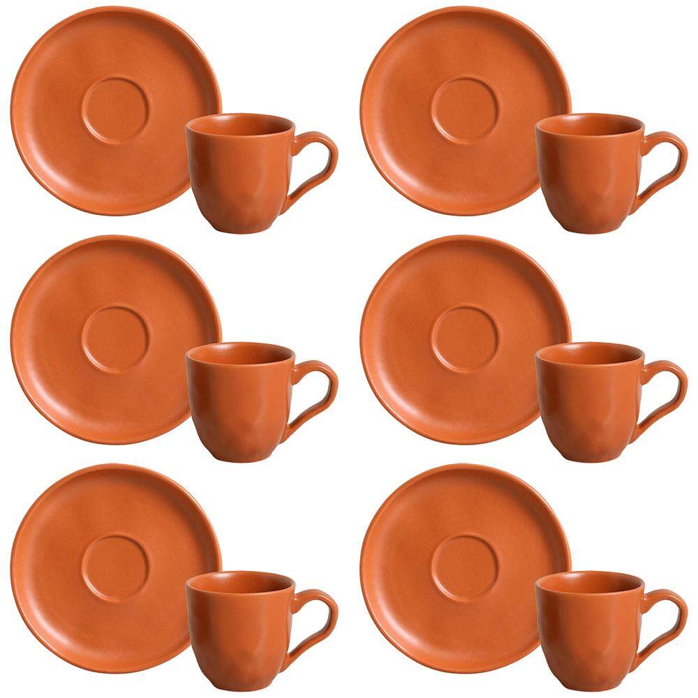Conjunto com 6 Xícaras e Pires para Café Porto Brasil Bio Terrakotta em Stoneware Laranja - 120 ml