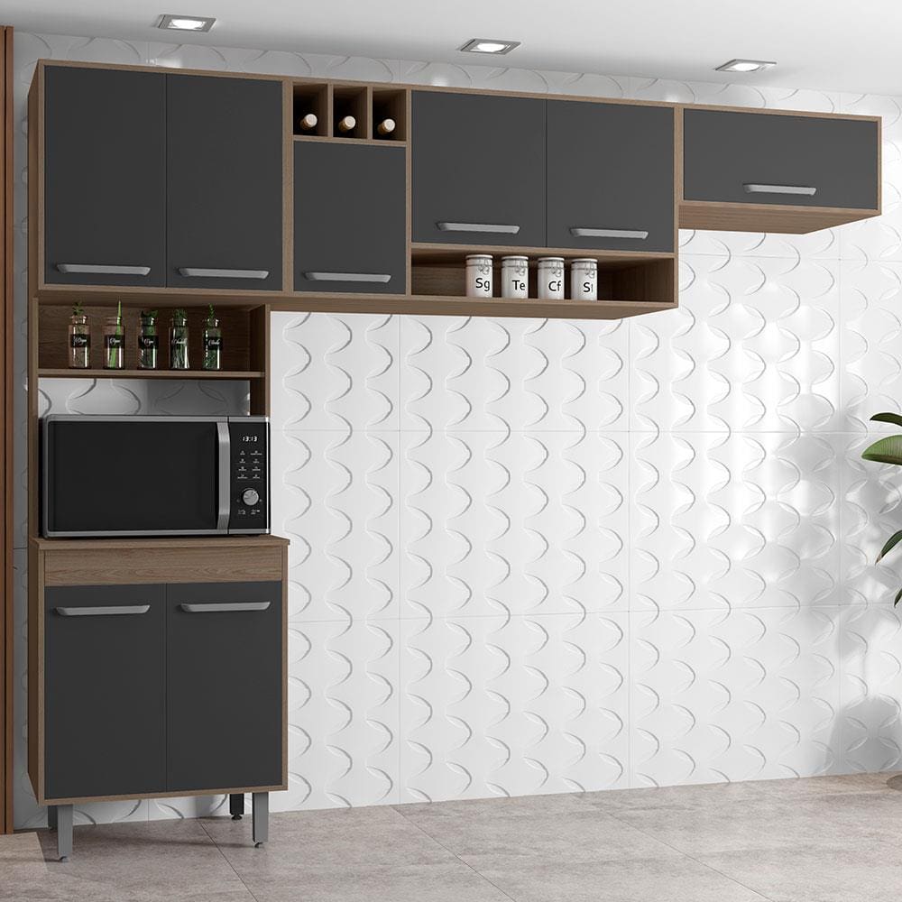 Cozinha Compacta Poliman Barcelona com 8 Portas e 3 Prateleiras - 258cm de largura - Carvalho/Grafite