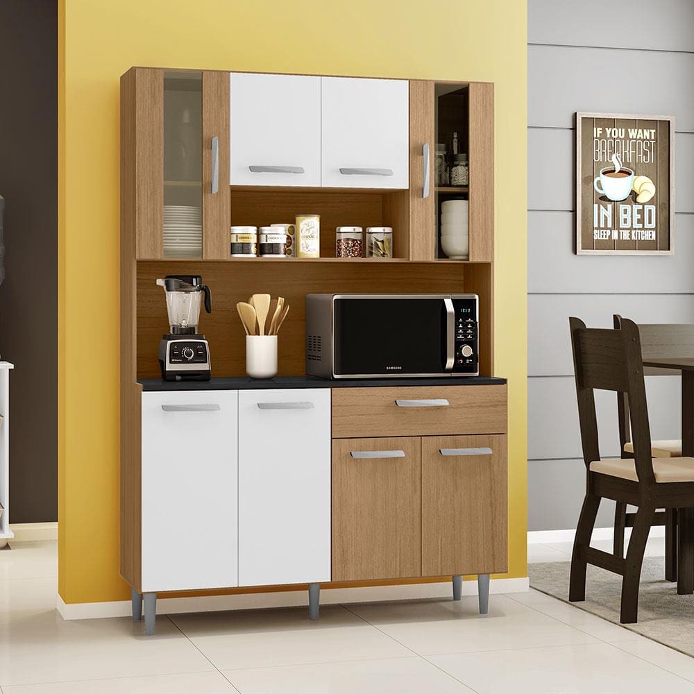 Cozinha Compacta Poliman Móveis Gabi com 8 Portas e 1 Gaveta - 120cm de largura - Carvalho/Branco