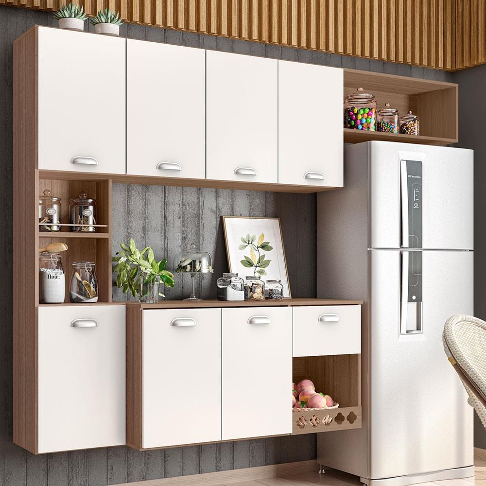 Cozinha Compacta Suspensa Poliman Mila com 7 Portas, 1 Prateleira e 1 Gaveta - 180cm de largura - Carvalho Oak/Off White.