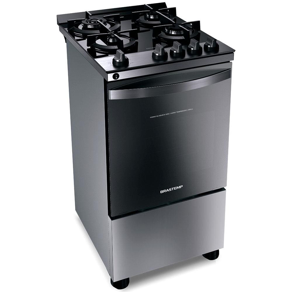 Fogão Brastemp 4 Bocas BFO4VBR com Mesa de Vidro, Dupla Chama e Grill Elétrico - Inox