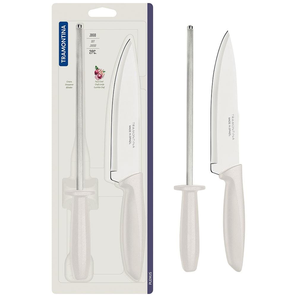 Conjunto Faca Chef e Chaira Tramontina Plenus Off-White - 2 Peças