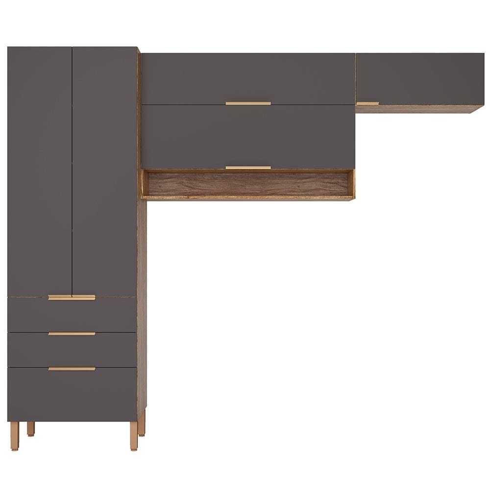 Cozinha Compacta Bartira Topázio UP com 5 Portas, 3 Gavetas e 4 Prateleiras - 262,5cm de largura - Damasco e Grafite