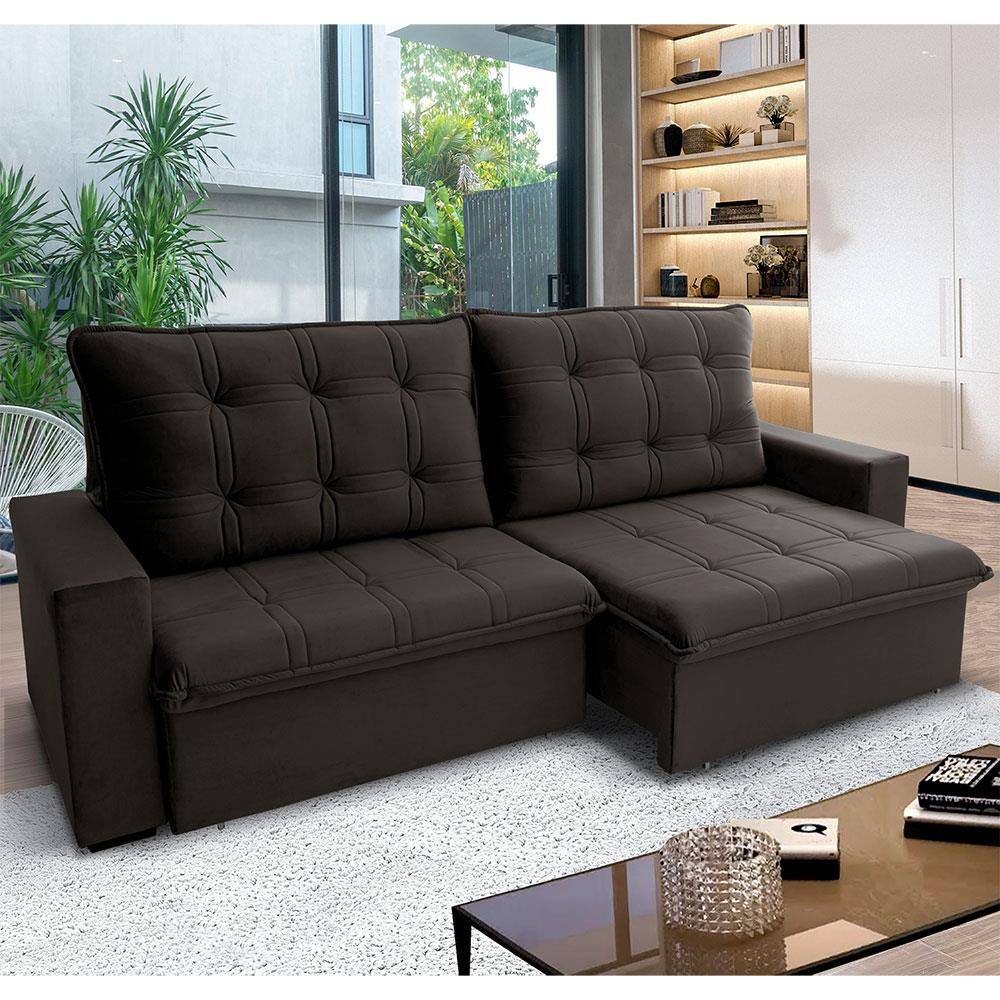 Sofá 3 Lugares Hellen Azure Retrátil/Reclinável, Revestido em Tecido Veludo e 250 cm de Largura - Café
