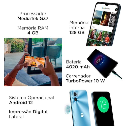 Celular Motorola Moto E22 , 128GB, 4GB RAM, Octa-Core, Câmera Dupla, Preto  - LOJAS 2000