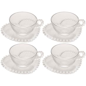 Conjunto com 4 Xícaras e Pires para Chá Wolff Pearl Coração em Cristal - 180 ml
