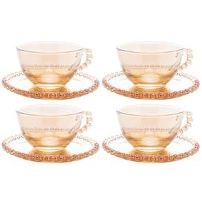 Conjunto com 4 Xícaras e Pires para Chá Wolff Pearl em Cristal Âmbar - 180 ml