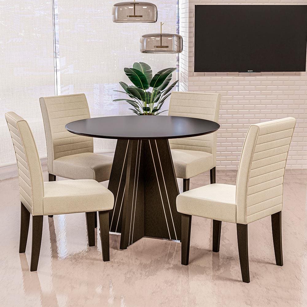 Mesa de Jantar Redonda Dobuê Turim com 4 Cadeiras com Revestimento em Suede - Castanho/Preto/Bege
