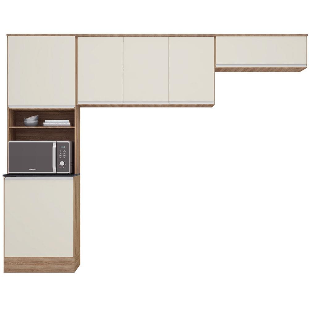 Cozinha Compacta Poliman Paris com 6 Portas e 5 Prateleiras - 260cm de largura - Carvalho/Off White