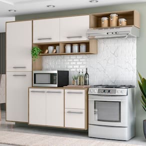 Cozinha Completa Poliman Pequim com 7 Portas, 1 Gaveta, 3 Prateleiras e 200cm de largura - Carvalho Oak/Off White