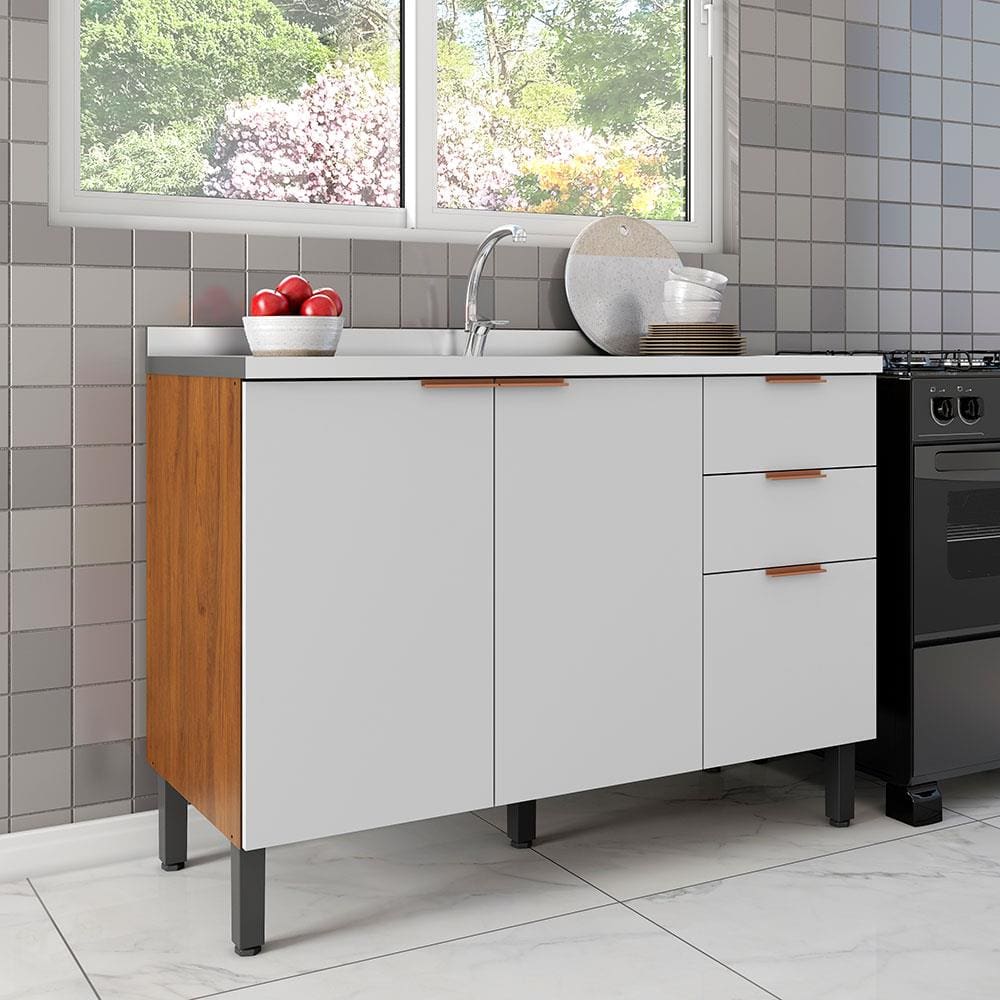 Balcão Bartira Universal com 2 Portas e 3 Gavetas - 120 cm de Largura - Grapia/Platinum