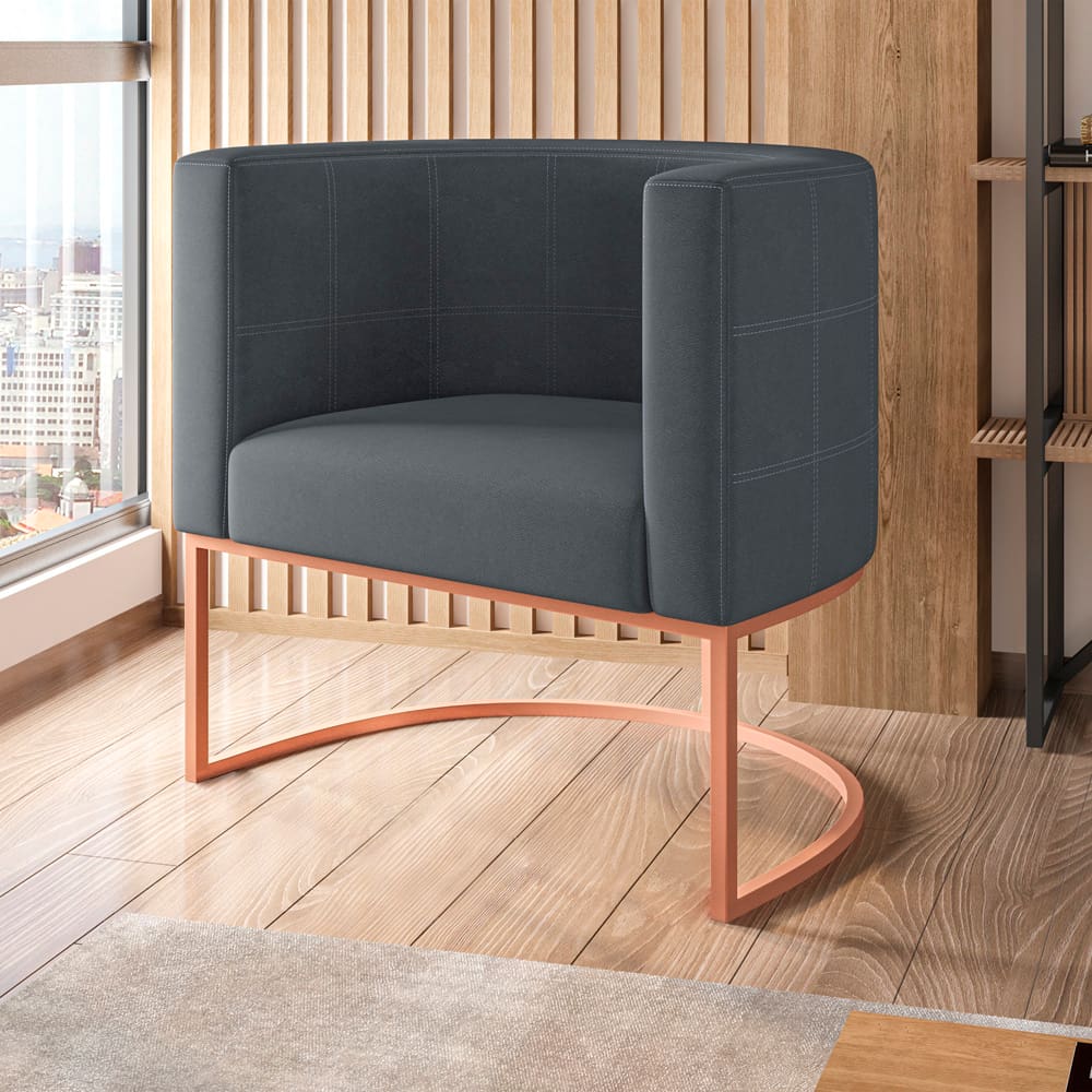 Poltrona Fixa Matrix Azaleia em Veludo com Pés de Metal Cobre - Cinza