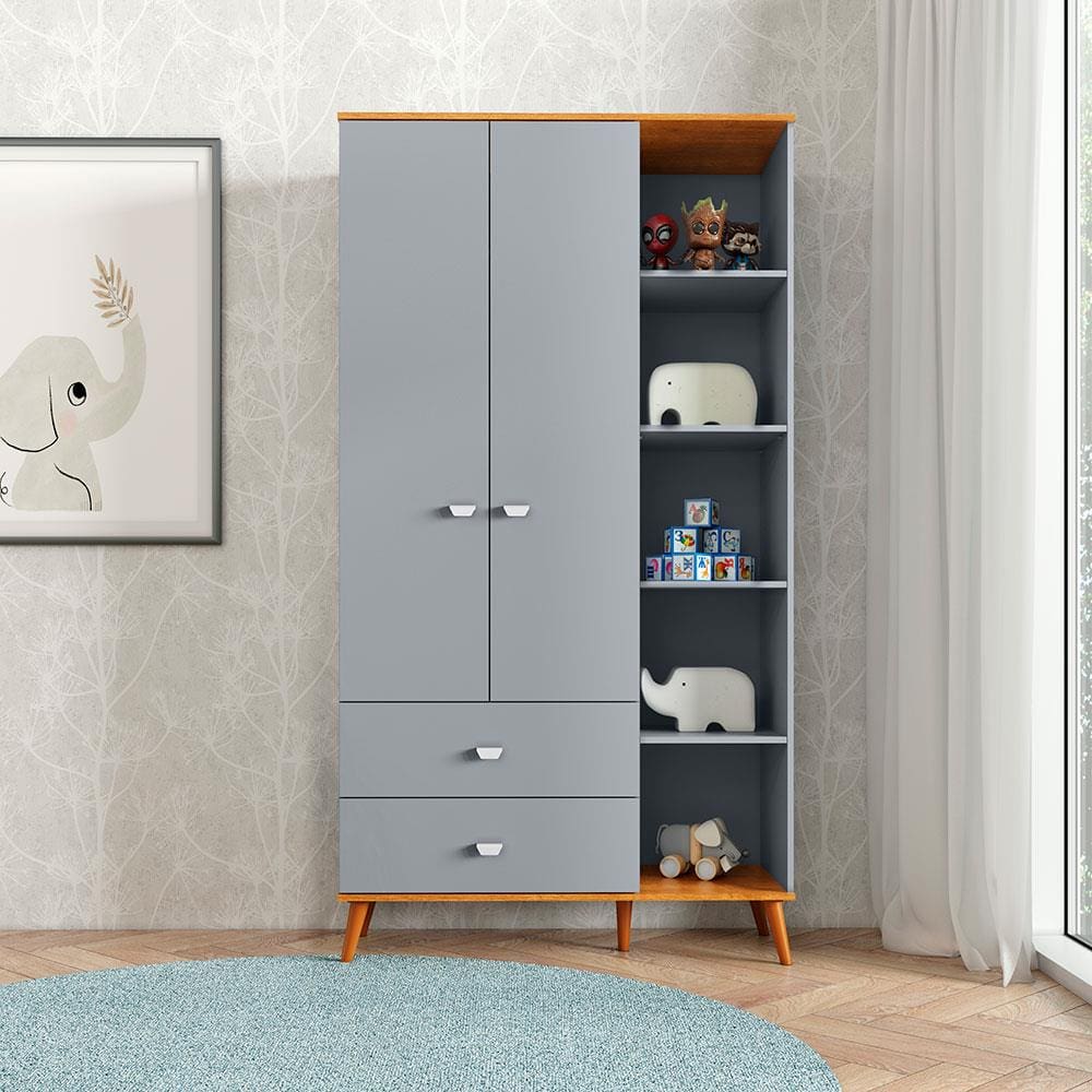 Guarda-Roupa Infantil Bartira Ternura com 5 Nichos, 2 Portas, 2 Gavetas - 106,8 cm de largura - Azul Wood