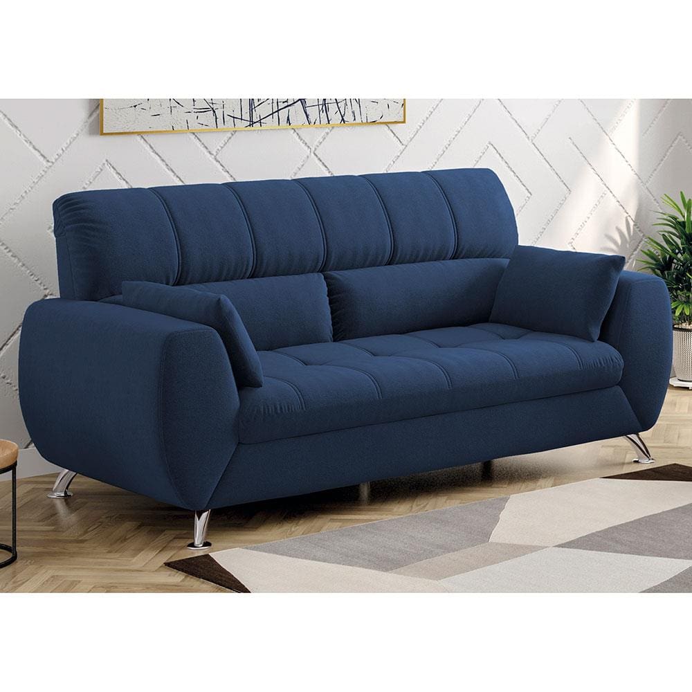 Sofá de 3 Lugares Linoforte Bélgica com 204 cm de Largura e Revestido em Tecido Suede - Azul Marinho