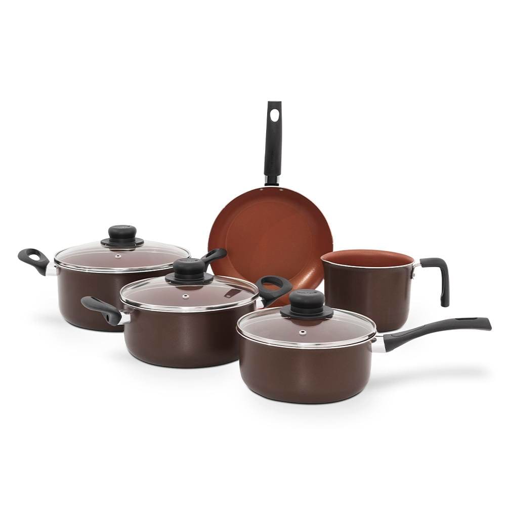 Conjunto de Panelas 5 Peças Multiflon Terracota com Revestimento Antiaderente Ultra7 e Tampas de Vidro - Marrom