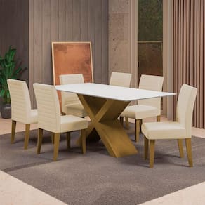 Mesa de Jantar Retangular Dobuê Creta Light 180x90cm com 6 Cadeiras Estofadas Revestidas em Tecido Veloplus