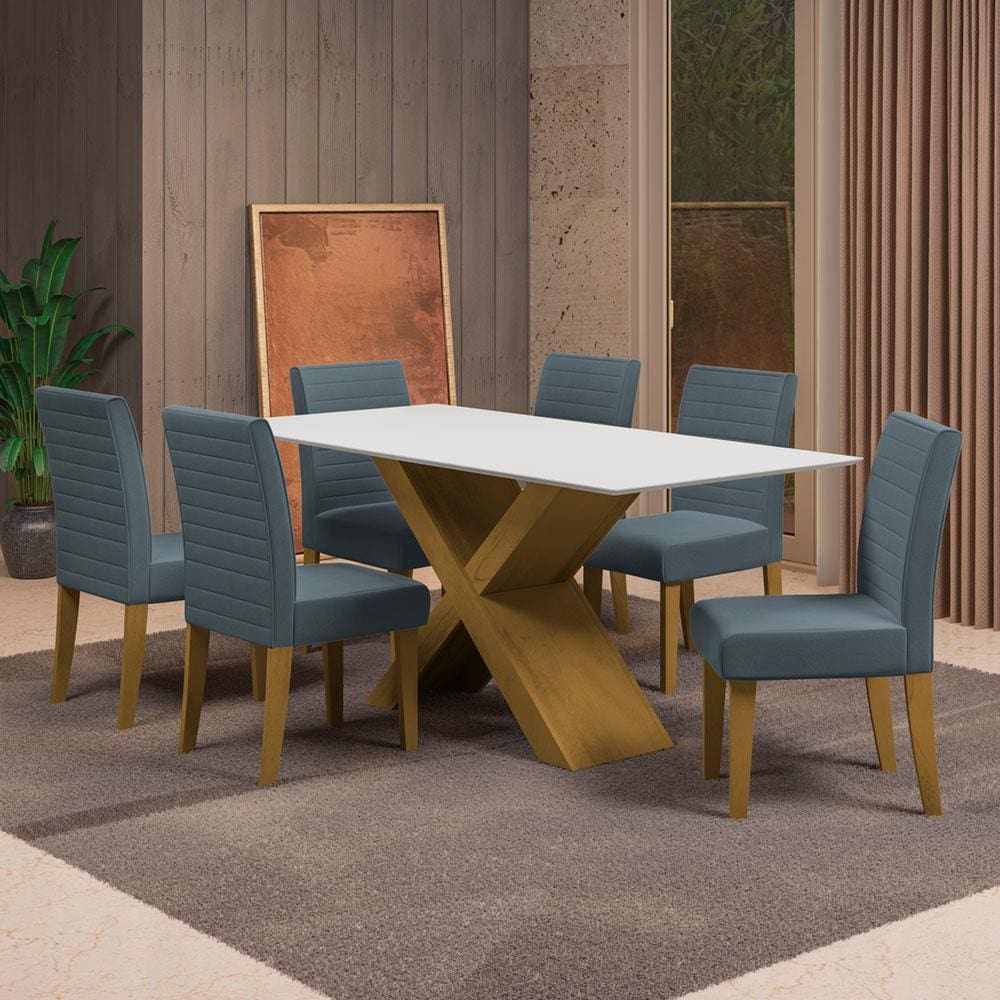 Mesa de Jantar Retangular Dobuê Creta Light 180x90cm com 6 Cadeiras Estofadas Revestidas em Tecido Veloplus - Carvalho/Branco Off White/Grafite