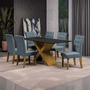 Mesa de Jantar Retangular Dobuê Dubai Light 180x90cm com 6 Cadeiras Estofadas Revestidas em Tecido Veloplus