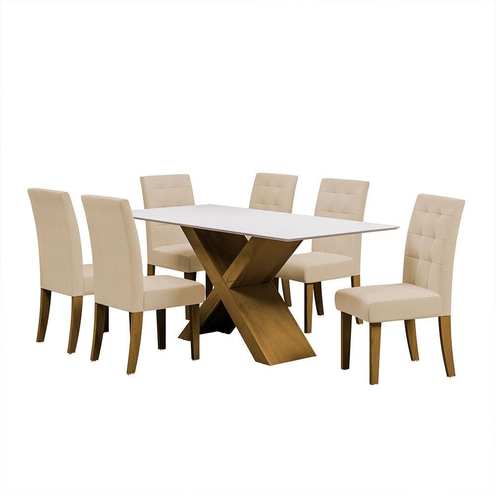 Mesa de Jantar Retangular Dobuê Dubai Light 180x90cm com 6 Cadeiras Estofadas Revestidas em Tecido Veloplus - Carvalho/Branco Off White/Bege