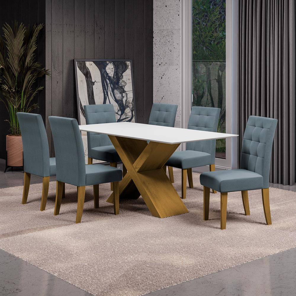 Mesa de Jantar Retangular Dobuê Dubai Light 180x90cm com 6 Cadeiras Estofadas Revestidas em Tecido Veloplus - Carvalho/Branco Off White/Grafite