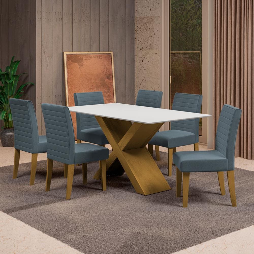 Mesa de Jantar Retangular Dobuê Creta Light 160x90cm com 6 Cadeiras Estofadas Revestidas em Tecido Veloplus - Carvalho/Branco Off White/Grafite