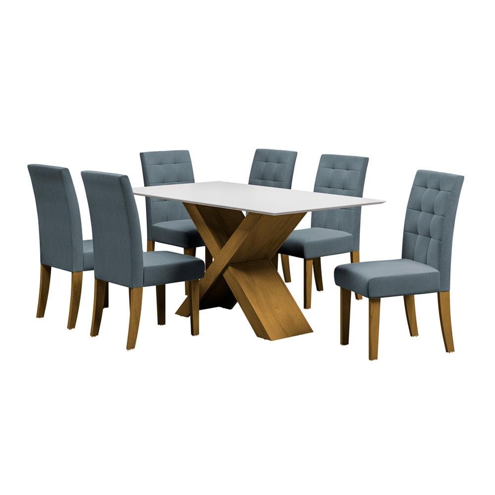 Mesa de Jantar Retangular Dobuê Dubai Light 160x90cm com 6 Cadeiras Estofadas Revestidas em Tecido Veloplus