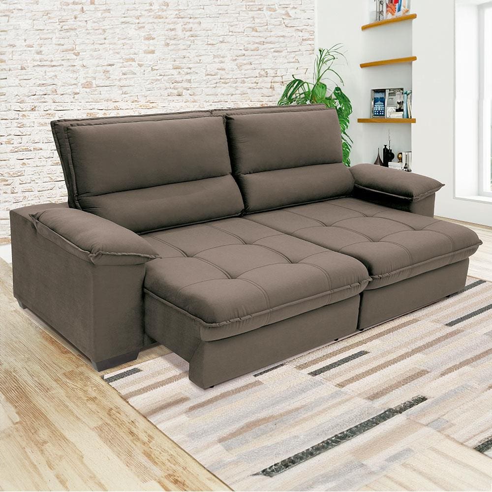 Sofá de 3 Lugares Linoforte Barcellos com 200 cm de Largura, Retrátil/Reclinável, com Revestimento em Tecido Suede - Marrom