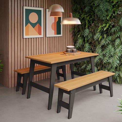 Mesa de Jantar Retangular Cimol Layla com 2 Bancos em Madeira - Chumbo/Nature Menor preço em Mesa de Jantar Retangular Cimol Layla com 2 Bancos em Madeira - Chumbo/Nature