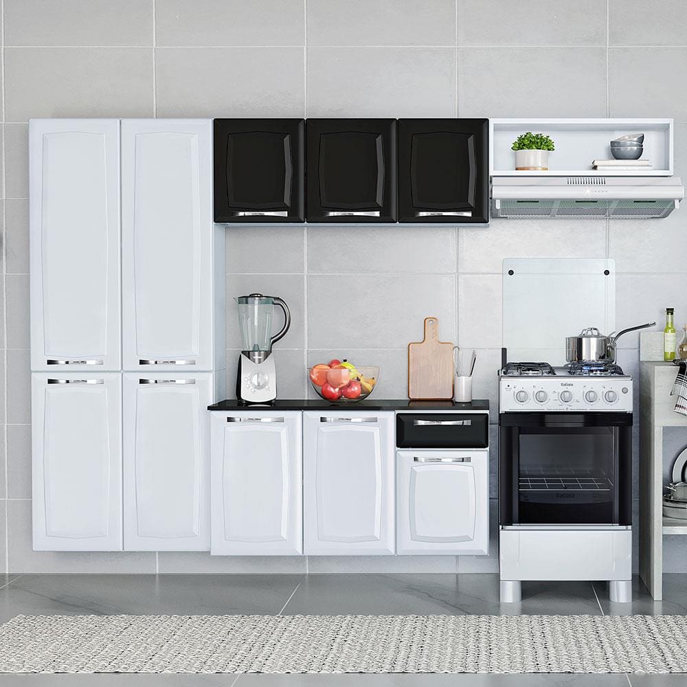 Cozinha Compacta Itatiaia Amanda Plus com 10 Portas, 1 Gaveta e 8 Prateleiras - 245cm de largura - Branco/Preto