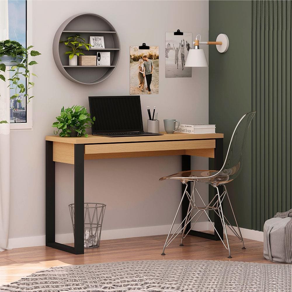 Escrivaninha Genialflex Infinity com Porta Teclado Retrátil - 120cm de largura - Freijo/Preto Fosco