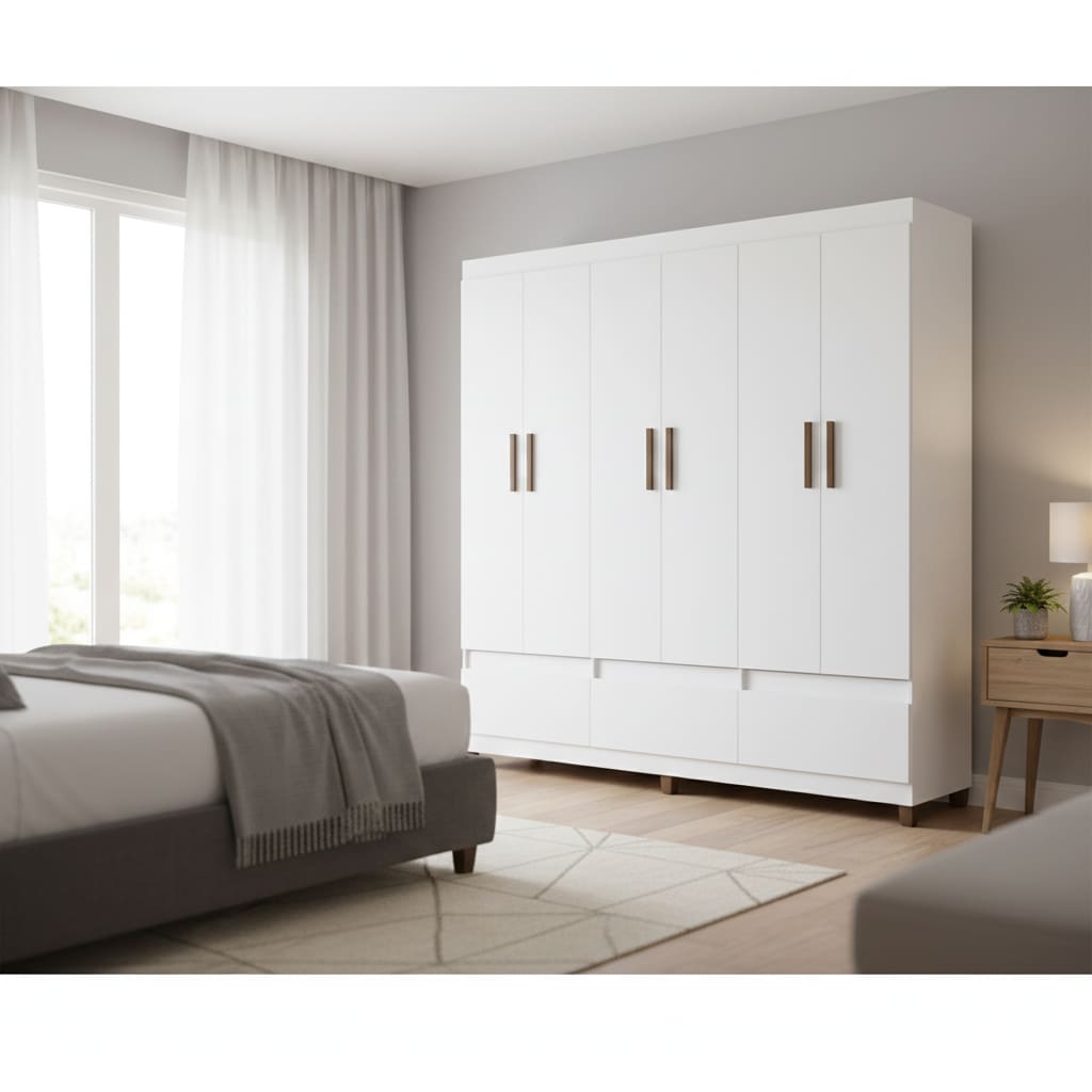 Guarda-Roupa Casal Bartira Ilhéus 6 Portas de Bater 3 Gavetas Externas MDF - 180cm de Largura