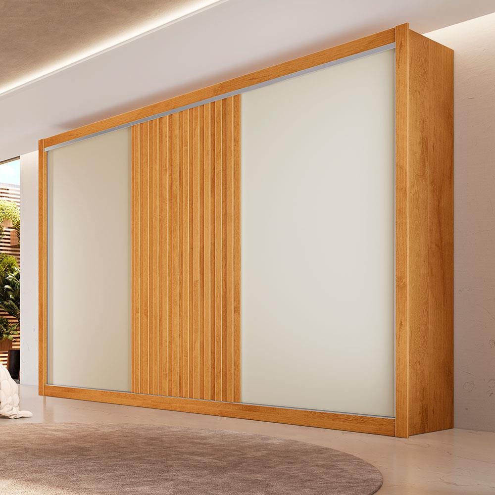 Guarda-Roupa Móveis Europa Vitória Flex com 3 Portas, 6 Gavetas e 11 Prateleiras - 275cm de largura - Off White/Peroba