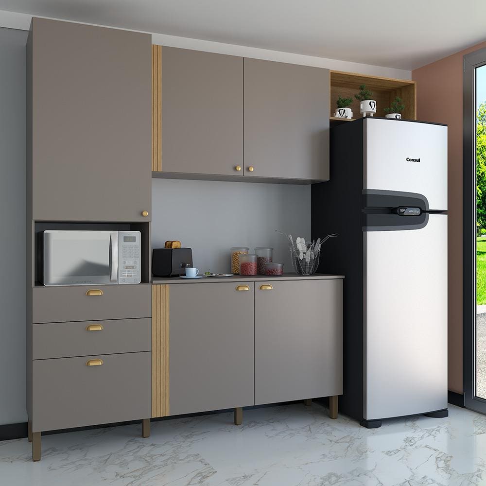 Cozinha Compacta Bartira Pérola com 5 Portas, 2 Gavetas, 1 Gavetão e 4 Prateleiras - 251cm de largura - Nude/Lâmina Mel