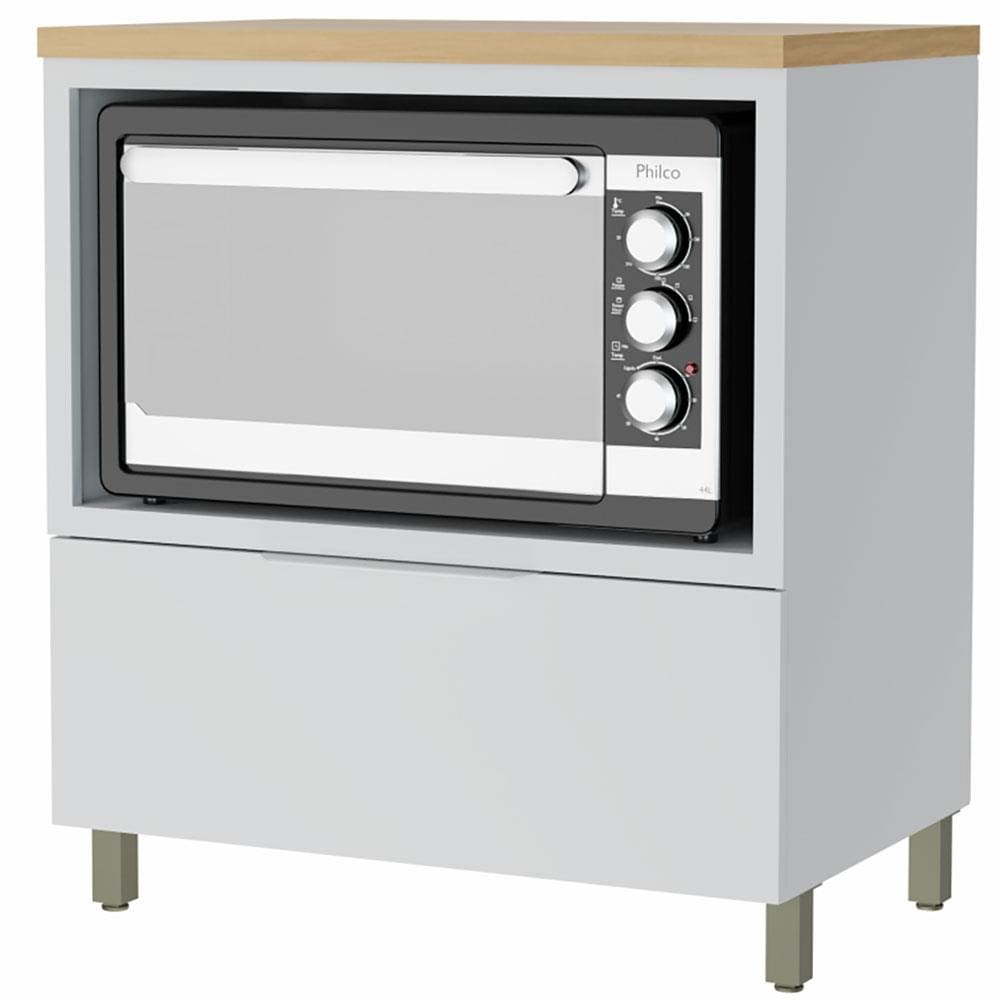 Balcão Nesher Marquesa em MDF 15mm com Nicho para Micro-ondas, 1 Gaveta e 1 Prateleira - 80cm de largura - Branco/Nature