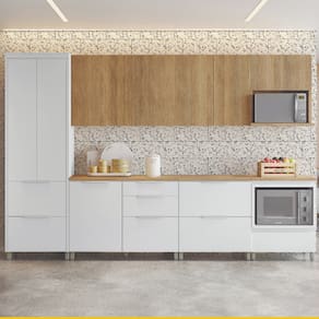 Cozinha Completa em MDF Nesher Paris Ripada com 340 cm de Largura, 9 Portas, 7 Gavetas e 13 Prateleiras - Branco/Nature
