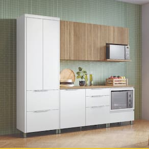 Cozinha Completa em MDF Nesher Paris Ripada 260 cm de Largura, 6 Portas, 6 Gavetas e 10 Prateleiras - Branco/Nature