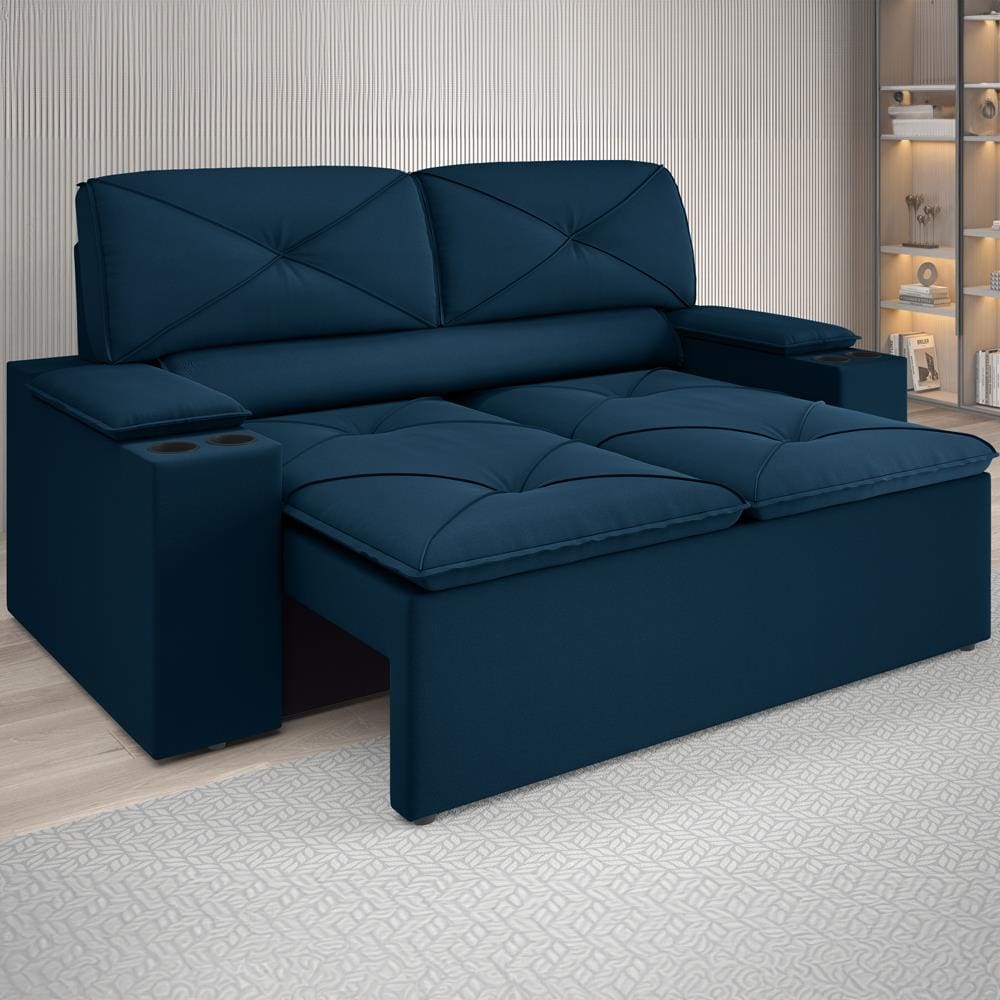 Sofá 2 lugares DDS Next Pop com Assento Retrátil e Encosto Reclinável em Veludo Suede com porta copos - 154cm de Largura - Petroleo