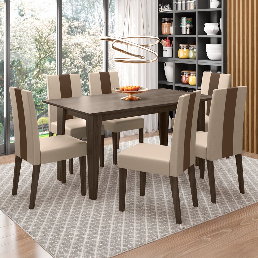Mesa de Jantar Retangular Poliman Goya com 6 Cadeiras Revestidas em Suede - Amêndoa