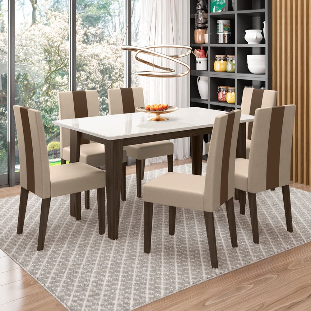Mesa de Jantar Retangular Poliman Goya com Tampo de Vidro e 6 Cadeiras Revestidas em Suede - Amêndoa/Off White
