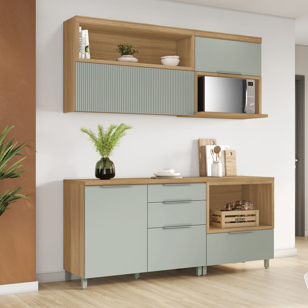 Cozinha Completa Nesher Marquesa em MDF com 3 Portas, 3 Gavetas, 3 Prateleiras - 190cm - Verde