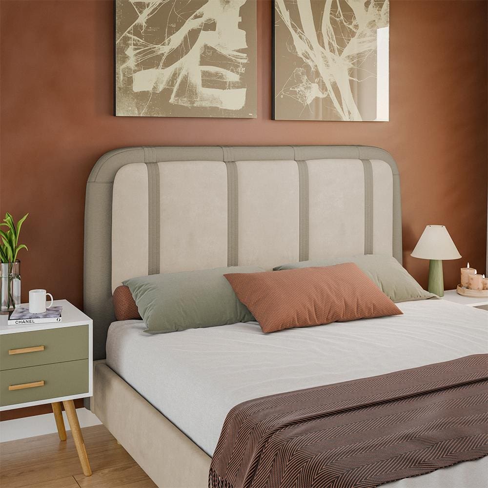 Cabeceira para Cama Box Queen Dobuê Leon com Revestimento em Veludo e Corino - Kaki/Bege